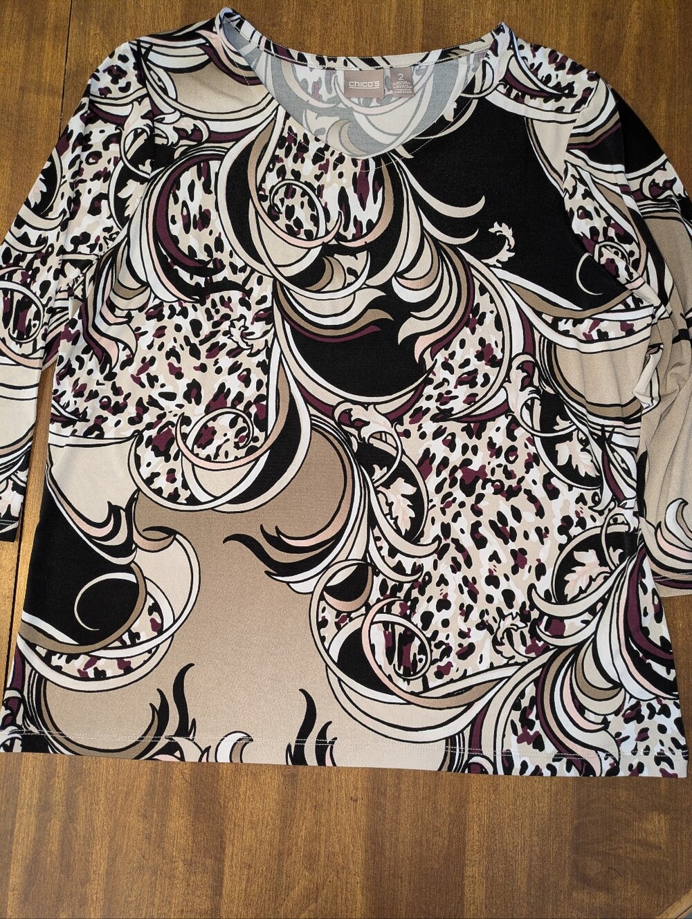 Chico's Black Beige Cream Swirl & Leopard Print Knit Top
